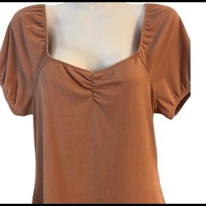 No Comment soft lightly ribbed mauve/brown puffy sleeves gathered bust NWT L